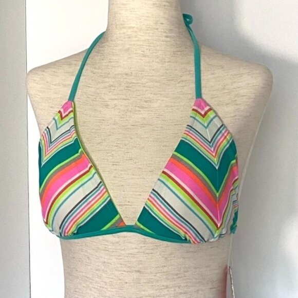 Reversible Triangle Bikini Swimsuit Halter Top Juniors Sz L Chevron Neon Green - Picture 14 of 16